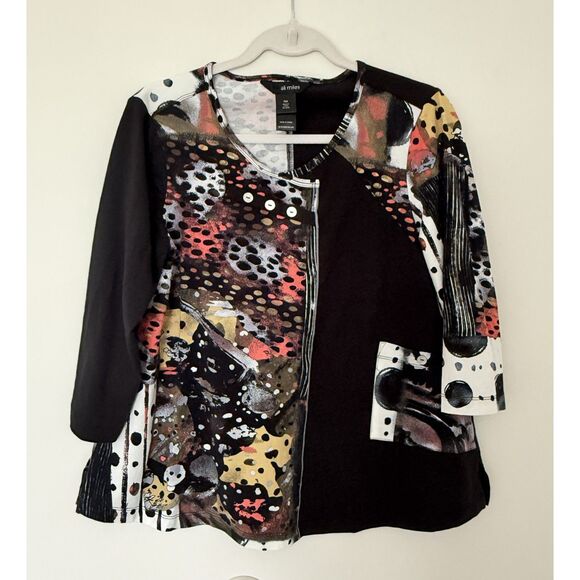 Ali Miles Black Colorblock Abstract 3/4 Sleeve Tunic Top Modern Chic Sz PM - Picture 1 of 5